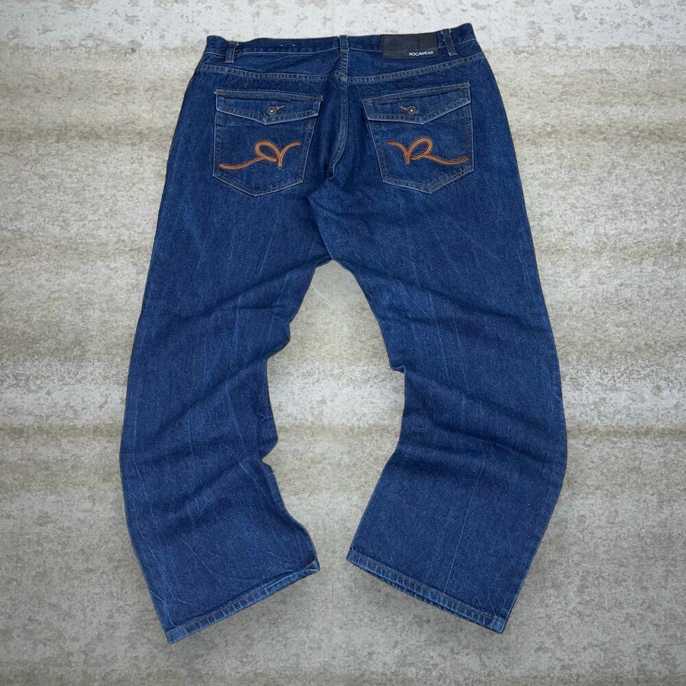 Vintage Y2K Rocawear Skater Jeans 38x30 Baggy Wide Leg Dark Wash Denim Rap